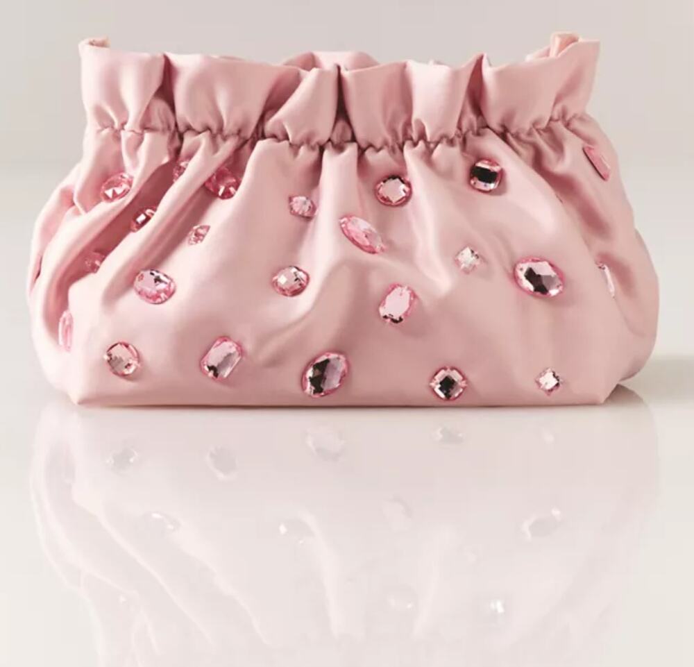Anthropologie Pink Embellished Cosmetic Bag Rhinestone Satin NWT